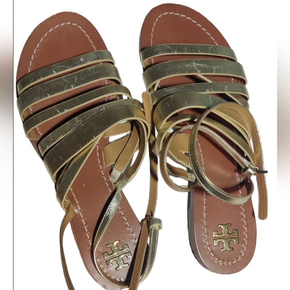 Tory Burch Shoes - Tory Burch Gold and Tan Leather Sandals Size 9M